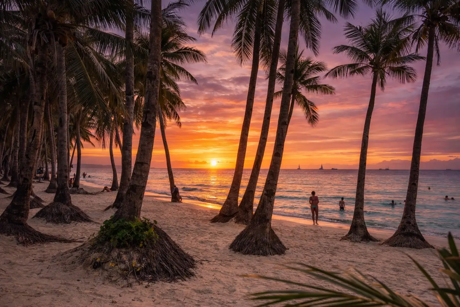 A serene tropical beach in the Philippines during a vibrant sunset. Tall palm trees frame the sandy beach in the foreground, while the silhouettes of people wade into the warm, glowing waters. The horizon is filled with a dramatic sky of orange, pink, and purple hues.