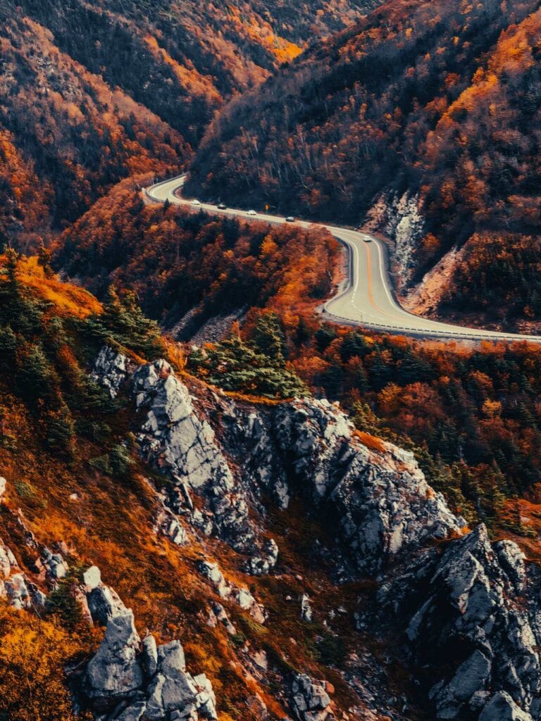 Aerial view from the Skyline Trail boardwalk looking east over the winding Cabot Trail highway. Rugged cliffs with orange and red autumn foliage drop steeply into the valley as cars drive the scenic road.