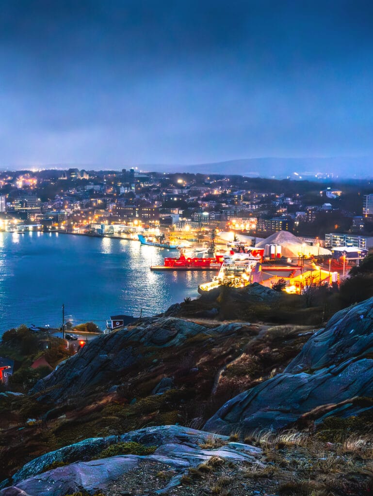 A vertical night-time view of St. John's harbor from a high rocky vantage point on Signal Hill. The city lights glow warmly in oranges and yellows along the waterfront, reflecting in the dark blue water. Large red and white industrial ships are docked at the pier, while the foreground shows dark, textured rocks under a deep blue twilight sky.