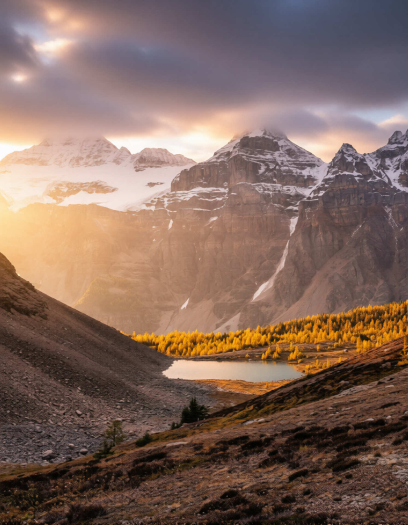 Sunrise over Larch Valley and the Valley of the Ten Peaks from the Sentinel Pass trail, Banff National Park, Alberta.