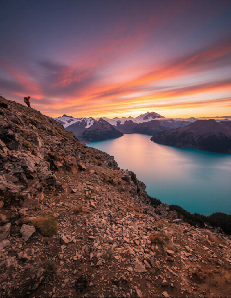 View from Panorama Ridge overlooking Garibaldi Lake and mountain glaciers in Garibaldi Provincial Park, British Columbia. Amazing sky colors!